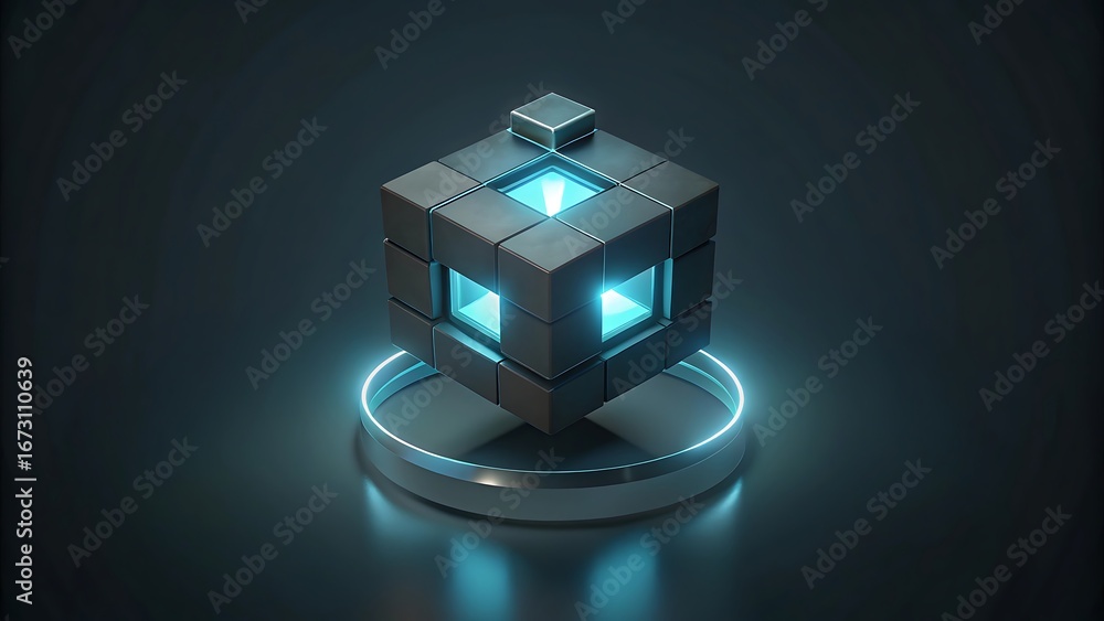 Poster futuristic metallic cube with glowing blue light emanating from within, resting on a circular platfo