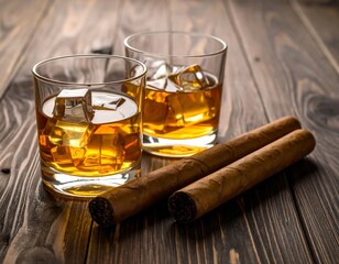 Two whiskey glasses with ice and two cigars rest on a dark wood surface