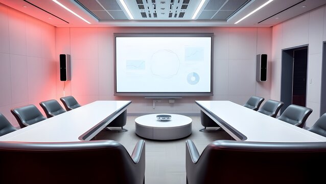 Futuristic Boardroom Sleek Design RoseTinted Lighting Modern Conference Table.