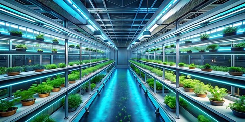 Vertical farming in a futuristic indoor hydroponic system with rows of plants illuminated by blue led lights.