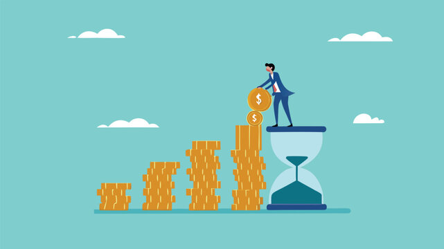 long term investment concept, Growth Earning From Compound Interest In Long Term Investing, businessman makes financial growth graph by stacking gold coins on top of hourglass vector illustration
