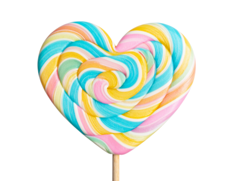  Cute Swirled Heart Lollipop with Pastel Colors, Top View, Isolated on Transparent Background  PNG