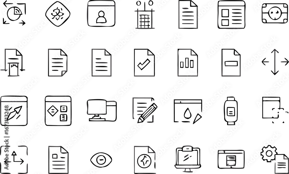 Poster vector collection of various hand drawn style icons representing business and technology related con