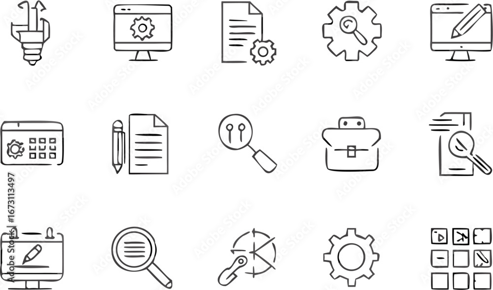 Poster vector collection of business and development icons featuring gears documents and monitors in doodle