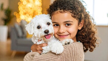 Smiling Girl Hugging Small White Puppy