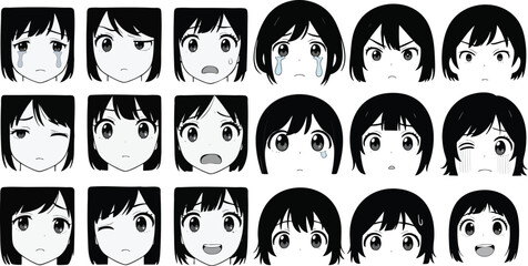 Anime manga expressions showing a range of emotions including happiness, sadness, anger, and surprise