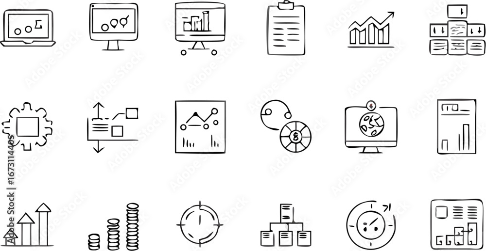 Poster vector illustration of business analytics and data visualization icons including graphs and charts o