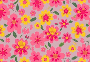 Vibrant pink & yellow boho floral pattern, flat color style, cute, style