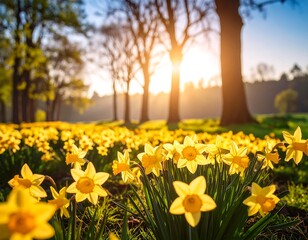 Sunny daffodil field at dawn © tahu
