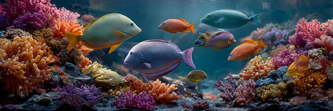 A captivating image of colorful tropical fish swimmig gracefully amidst vibran coral reefs in a saltwate aquarium