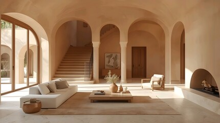 Ancient religious building interior with arched stone architecture, old windows, and historical columns