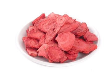 Dried Strawberries in White Bowl on White Background - Healthy Snack Food