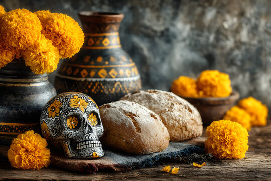 Day of the dead, Dia De Los Muertos Celebration Backround With sugar Skull, caaverita, marigolds or cempsuchil flowers, bread of dath or Pan de Muerto with opy Space. Traditional Mexcan culture