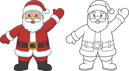 Cartoon Santa Claus Waving Hand Next To Outline Version On White Background christmas holiday