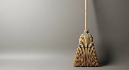 Classic straw broom leaning against the wall offering space for your text