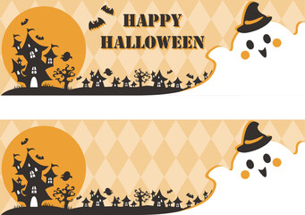 バナー　フレーム　ハロウィン　秋　10月　おばけ　ゴースト　かわいい　飾り　壁紙　背景　イラスト素材 © ribbon_s