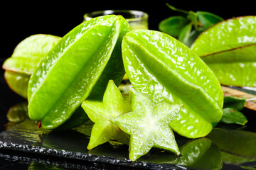 Fresh Star Fruit Slices with Water Droplets - Tropical Carambola from Fujian China