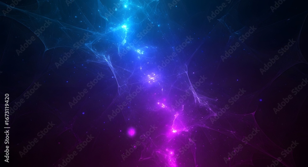 Poster abstract cosmic background with blue and purple light effects, creating a dynamic and futuristic des