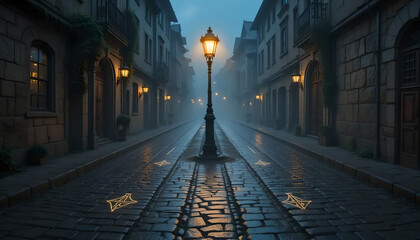 Obraz premium Misty Cobblestone Street with Glowing Lampposts