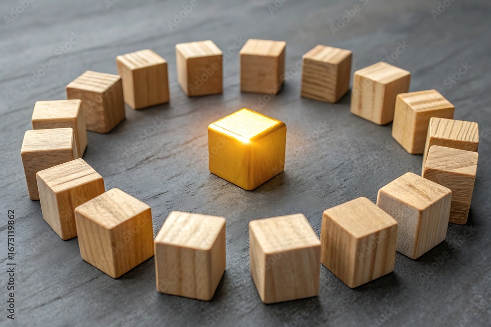 Poster golden illuminated cube at the center of a circle of wooden blocks on a dark textured surface arrang