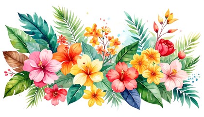 Tropical floral arrangement featuring vivid hibiscus and palm fronds