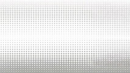Gradient of small grey squares and dots transitioning from dense to sparse on a white background, abstract digital pattern