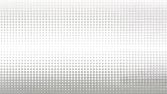 Gradient of small grey squares and dots transitioning from dense to sparse on a white background, abstract digital pattern