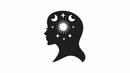 Silhouette of a woman's head filled with celestial elements including moons stars and a sun design art | editable eps vectors