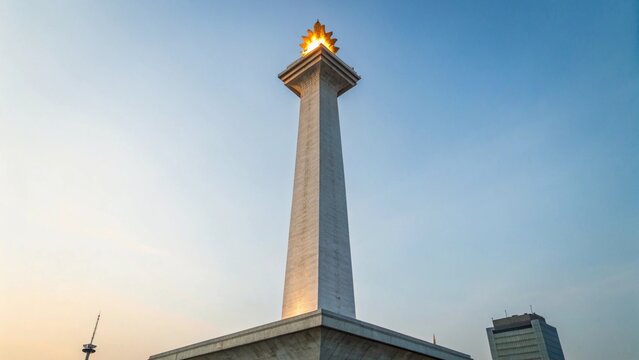 Low Angle View of National Monument Monas in Jakarta with Golden Flame Under Blue Sky