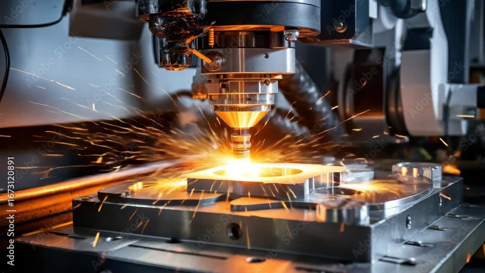 Poster close-up video still of a cnc machine cutting metal, capturing dynamic sparks and precision from a l