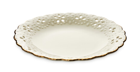 Empty plate with golden pattern edge, White round plate features a beautiful gold rim with floral pattern, isolated on white background with clipping path, Side view                            