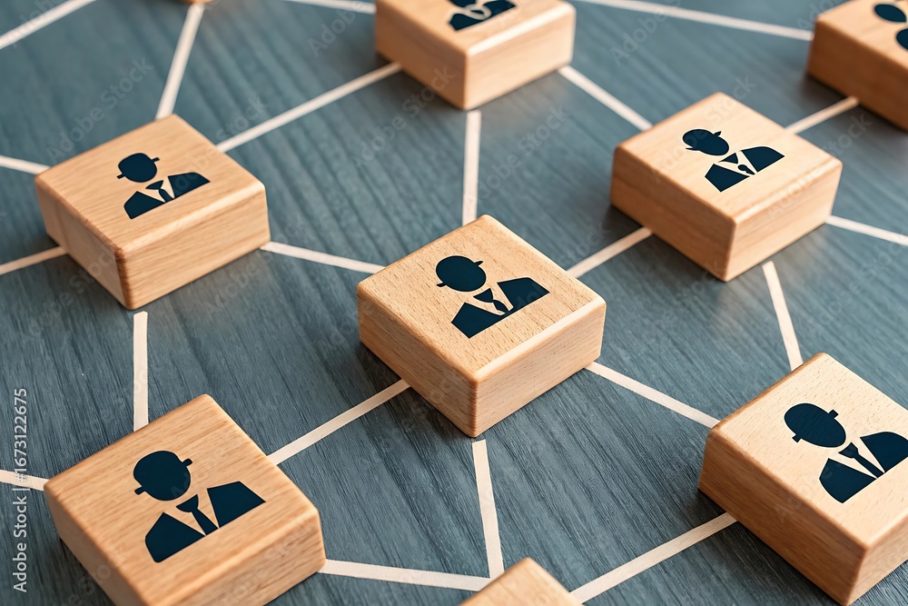 Aufkleber wooden cubes with human icons connected by lines forming a network on a textured surface connection