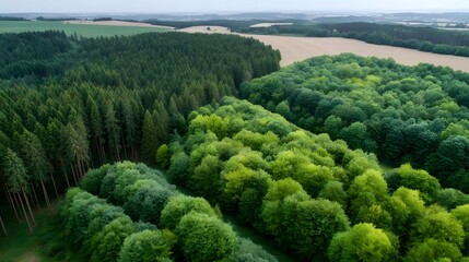 An aerial view of a diverse forestry and agricultural landscape