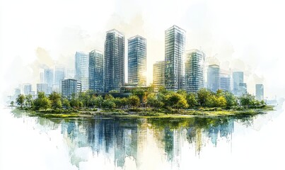 Fototapeta premium artistic conceptual sketch illustrating the development of an urban cityscape, highlighting the integration of modern design with nature in a visionary, futuristic environment, Generative AI