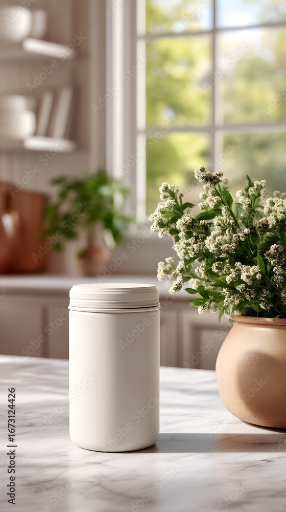 Poster warm gentle daylight filters through a window casting soft shadows on a marble