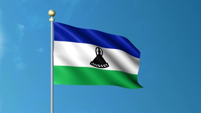 Realistic 3D Lesotho Animated Flag Waving in the Wind &ndash; National Emblem with Traditional Basotho Hat &ndash; Cultural and Historical Identity &ndash; Chroma Key Green Screen &ndash; 4K UHD High-Quality