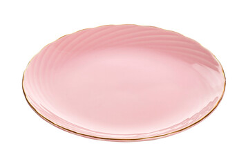 Empty ceramics plates, Pink plate  with spiral pattern, isolated on white background with clipping path, Side view