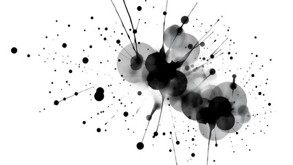 Abstract black and white ink splatter with artistic paint drops and strokes, grunge style design element.