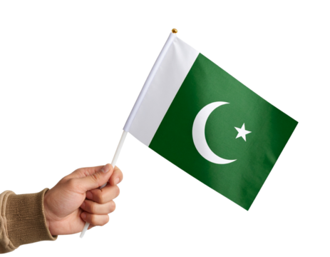 Hand Holding Small Pakistani Flag, Waving with Natural Movement, isolated on transparent background PNG - Powered by Adobe