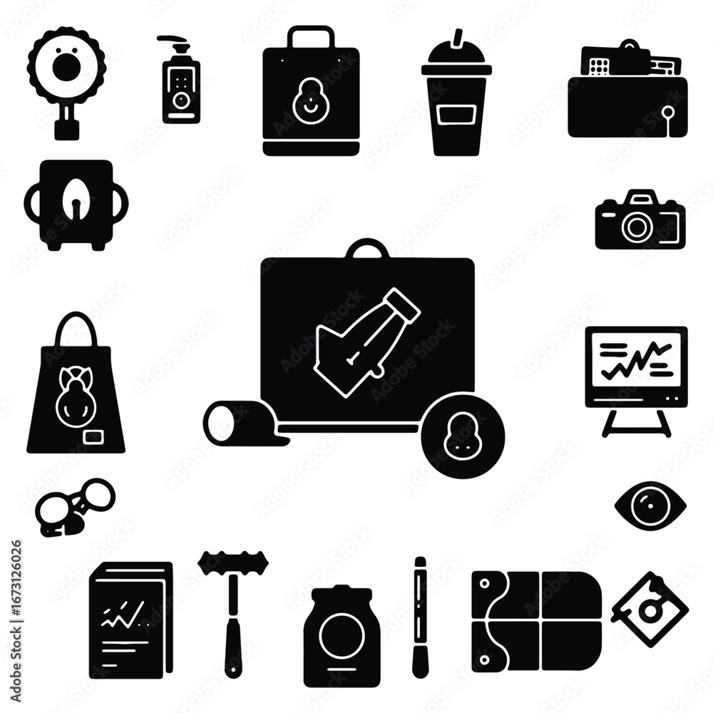 Poster black and white icon set featuring diverse objects for everyday use and digital representation inclu
