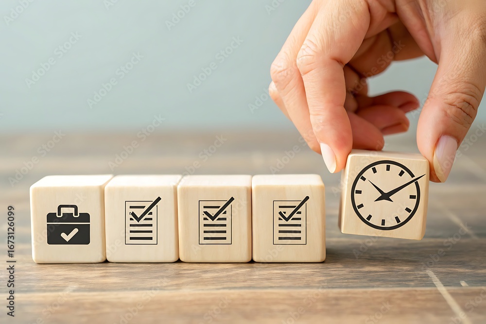 Aufkleber hand placing a clock icon block next to business and checklist blocks in a row planning strategy