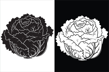 Monochrome Cabbage Illustration with White and Black Versions for Contrast