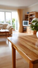 Sunlit wooden table in a cozy living room