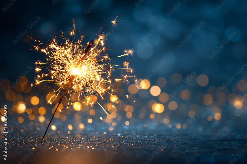 Poster Sparkling firework on glittering surface with bokeh lights in dark blue background