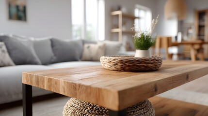 Wooden table bathed in natural light in a cozy living room