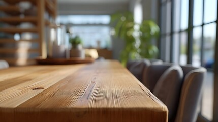 Warm natural light illuminates an empty wooden table