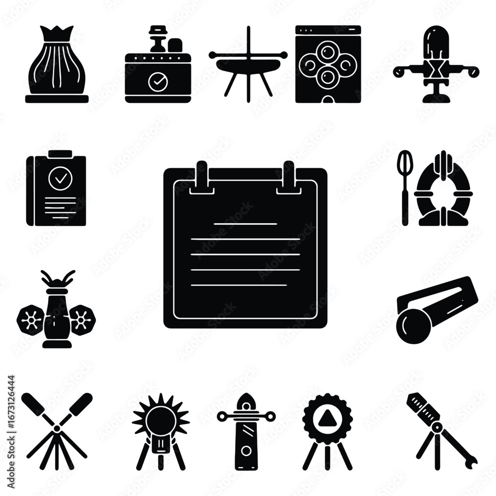 Poster black and white icon set representing various objects and concepts with simple line art style and mo