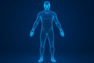 A futuristic digital wireframe of a standing human body on a dark blue background showcasing technology and artificial intelligence in a virtual reality concept