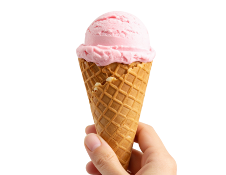 Hand Gripping Double Scoop Pink Ice Cream in Waffle Cone, isolated on transparent background