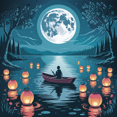 Serene night voyage under a giant full moon with floating lanterns